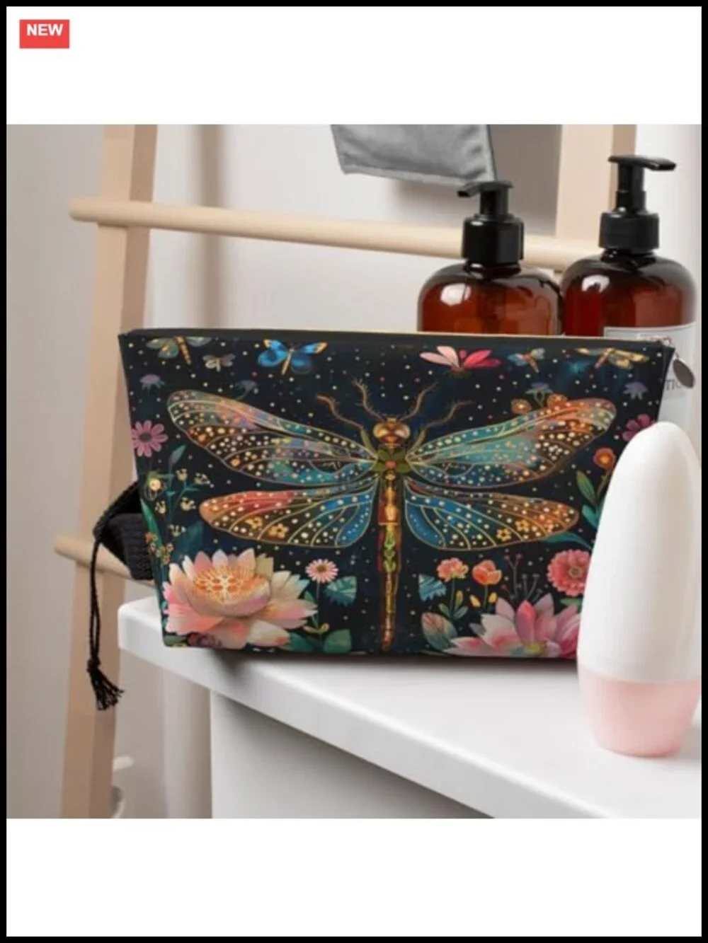 Faux Leather Floral Dragonfly Cosmetic Bag Travel Toiletry Makeup Organizer